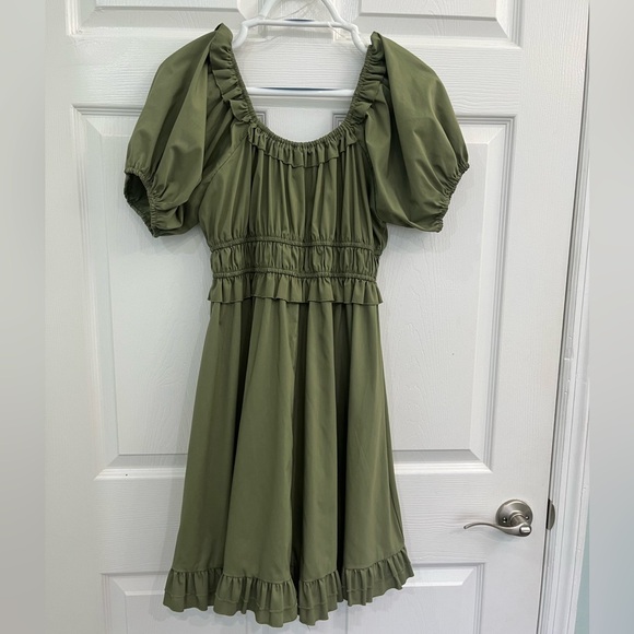 NWOT Just Found Women's XL Olive Green Boho/Peasant Puff Ruffle Sleeve Dress - Picture 2 of 5